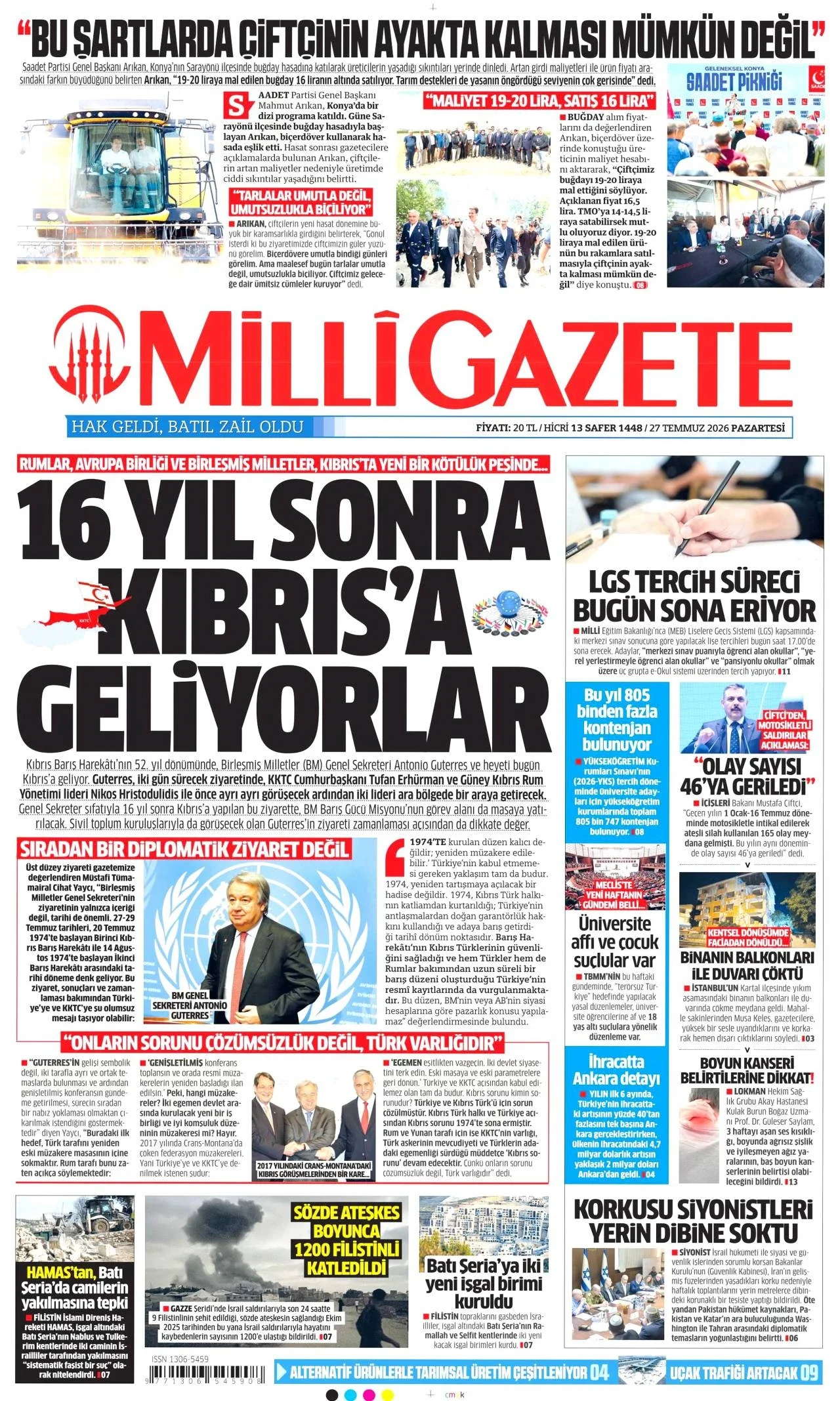Milli Gazete - 27 Temmuz 2026 günün manşeti