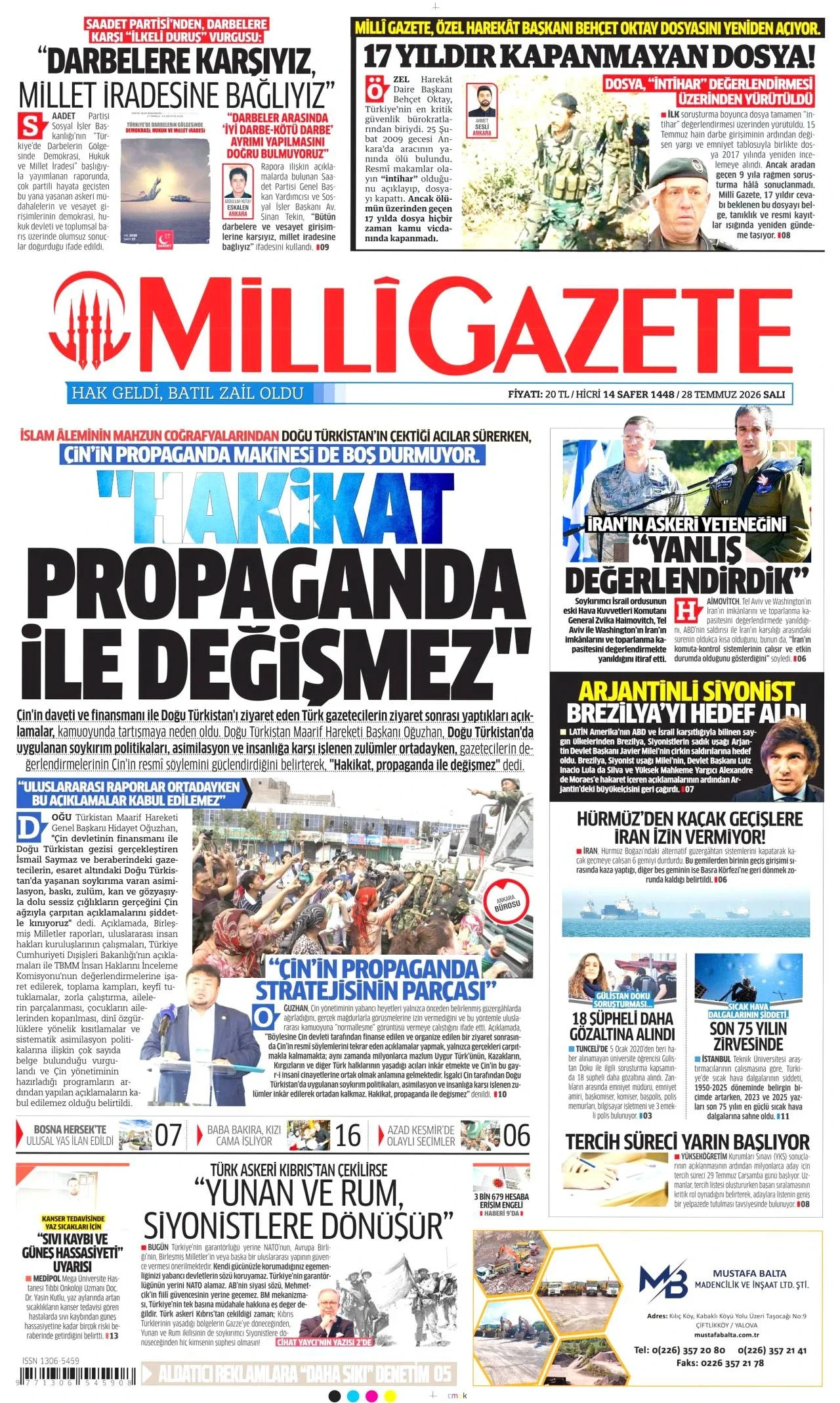 Milli Gazete - 28 Temmuz 2026 günün manşeti