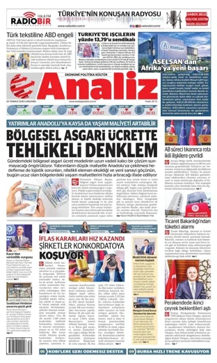 Analiz Gazetesi 29 Temmuz 2026 günün manşeti
