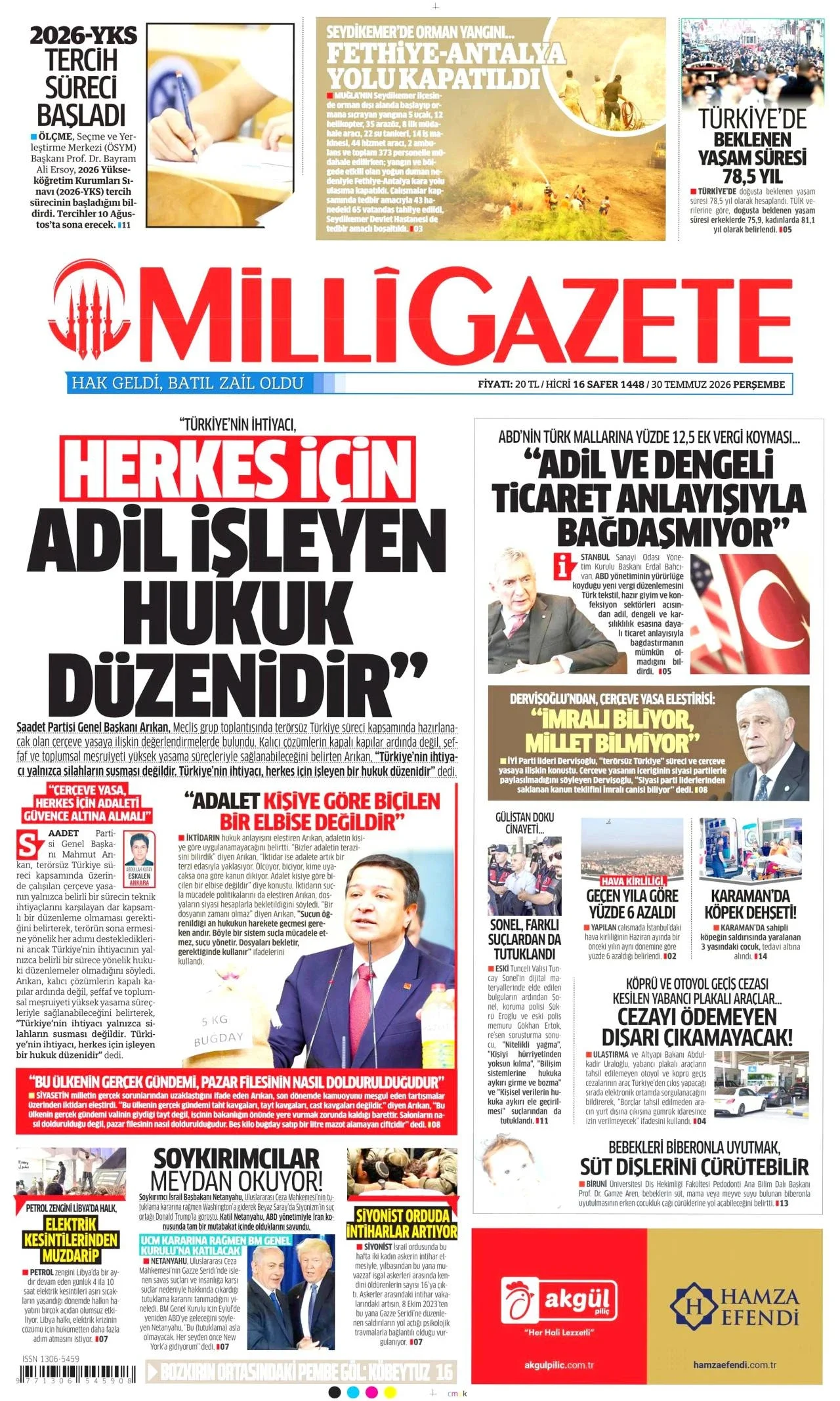 Milli Gazete - 30 Temmuz 2026 günün manşeti