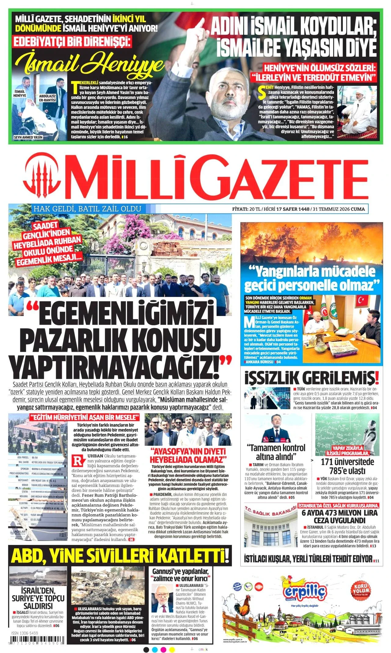 Milli Gazete - 31 Temmuz 2026 günün manşeti