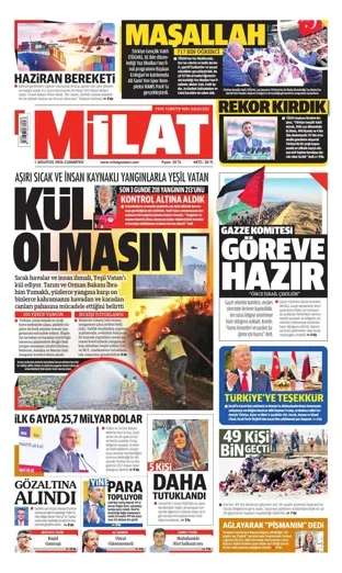 Milat Gazetesi 1 Ağustos 2026 günün manşeti