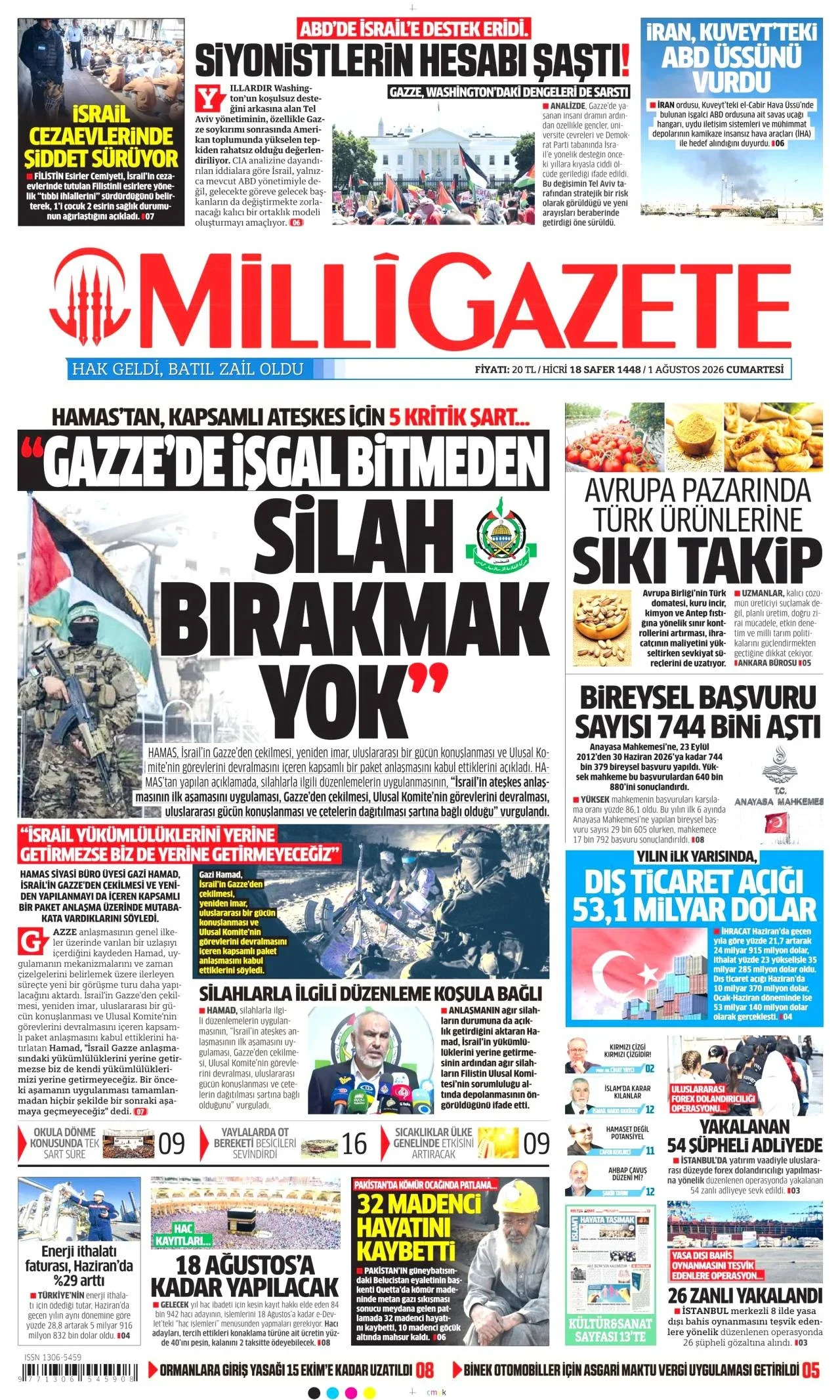 Milli Gazete - 1 Ağustos 2026 günün manşeti
