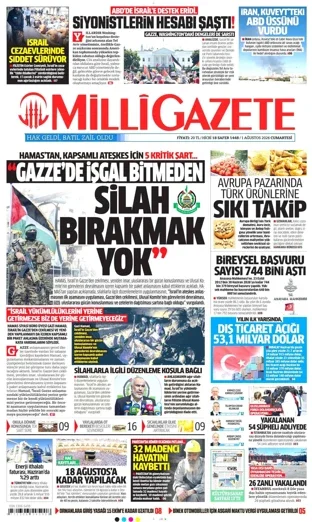 Milli Gazete 1 Ağustos 2026 günün manşeti