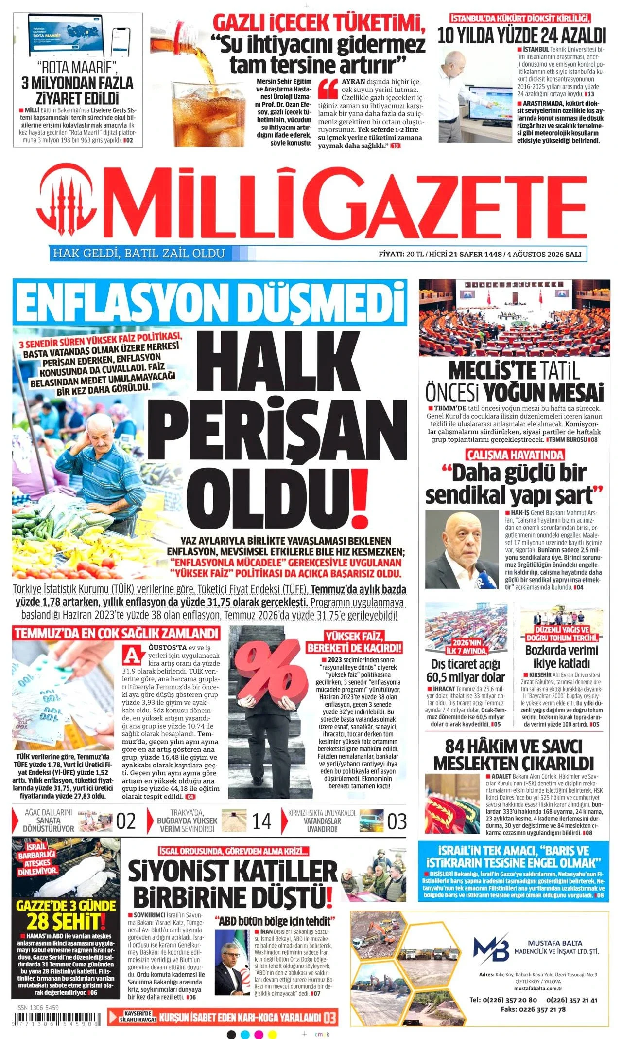 Milli Gazete - 4 Ağustos 2026 günün manşeti
