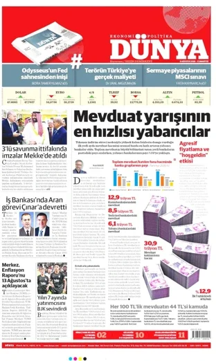 Dünya Gazetesi 8 Ağustos 2026 günün manşeti