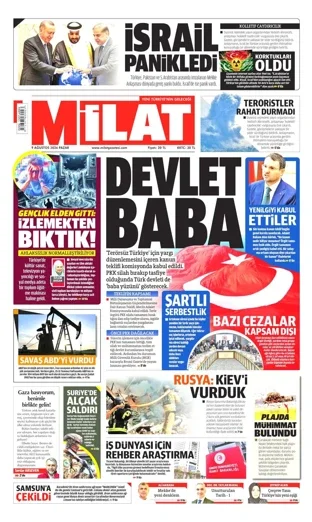 Milat Gazetesi 9 Ağustos 2026 günün manşeti