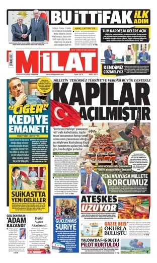Milat Gazetesi 13 Ağustos 2026 günün manşeti