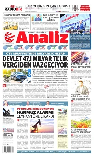 Analiz Gazetesi 16 Ağustos 2026 günün manşeti