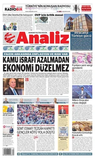 Analiz Gazetesi 20 Ağustos 2026 günün manşeti