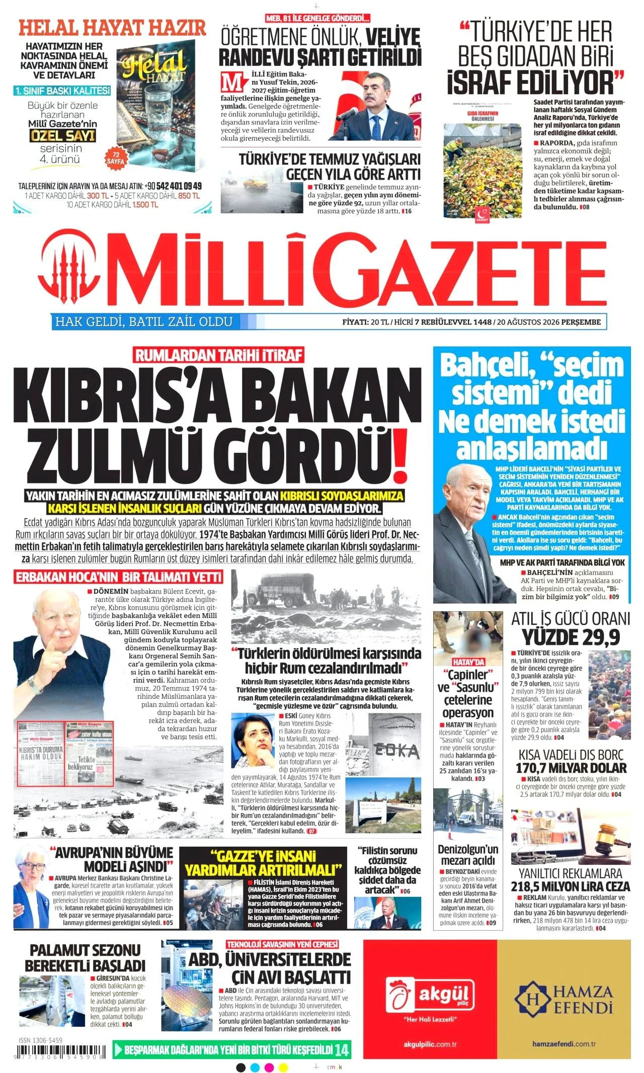 Milli Gazete - 20 Ağustos 2026 günün manşeti