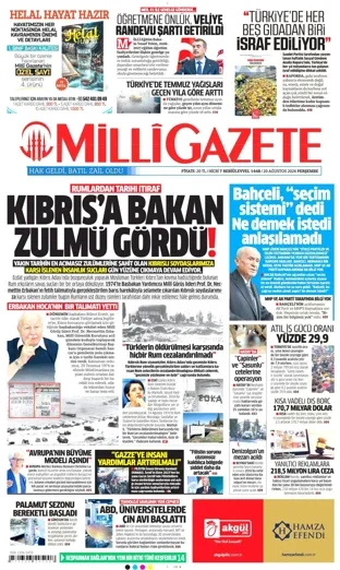 Milli Gazete 20 Ağustos 2026 günün manşeti