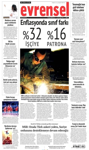 Evrensel Gazetesi 21 Ağustos 2026 günün manşeti