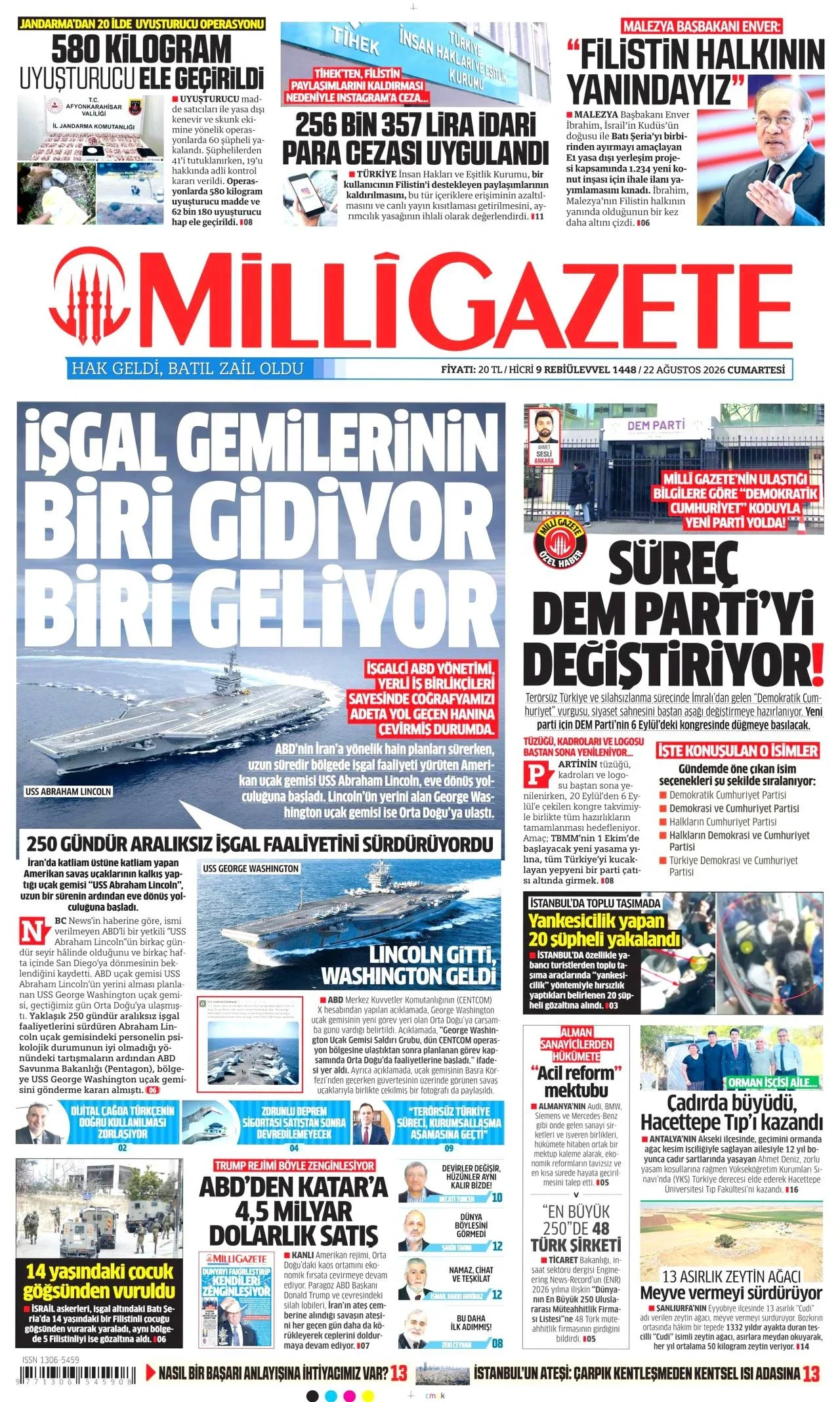 Milli Gazete - 22 Ağustos 2026 günün manşeti