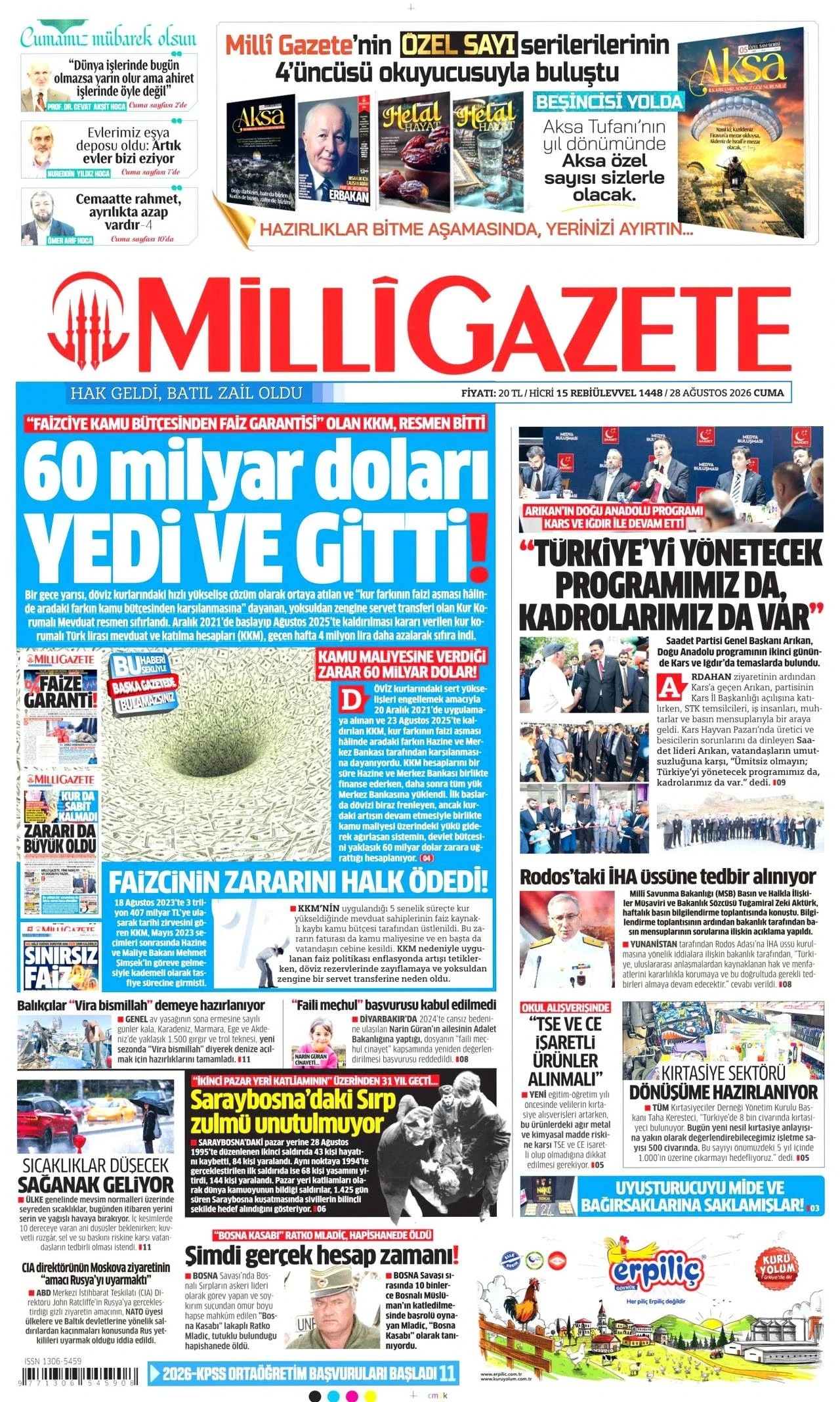 Milli Gazete - 28 Ağustos 2026 günün manşeti