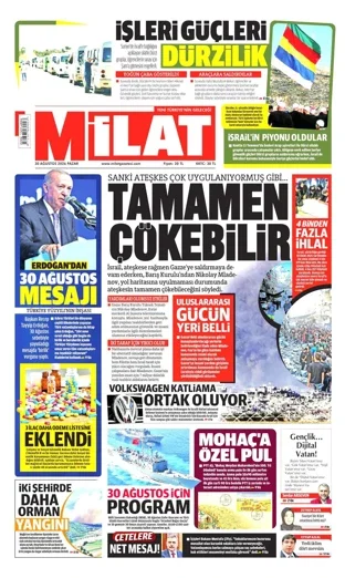 Milat Gazetesi 30 Ağustos 2026 günün manşeti