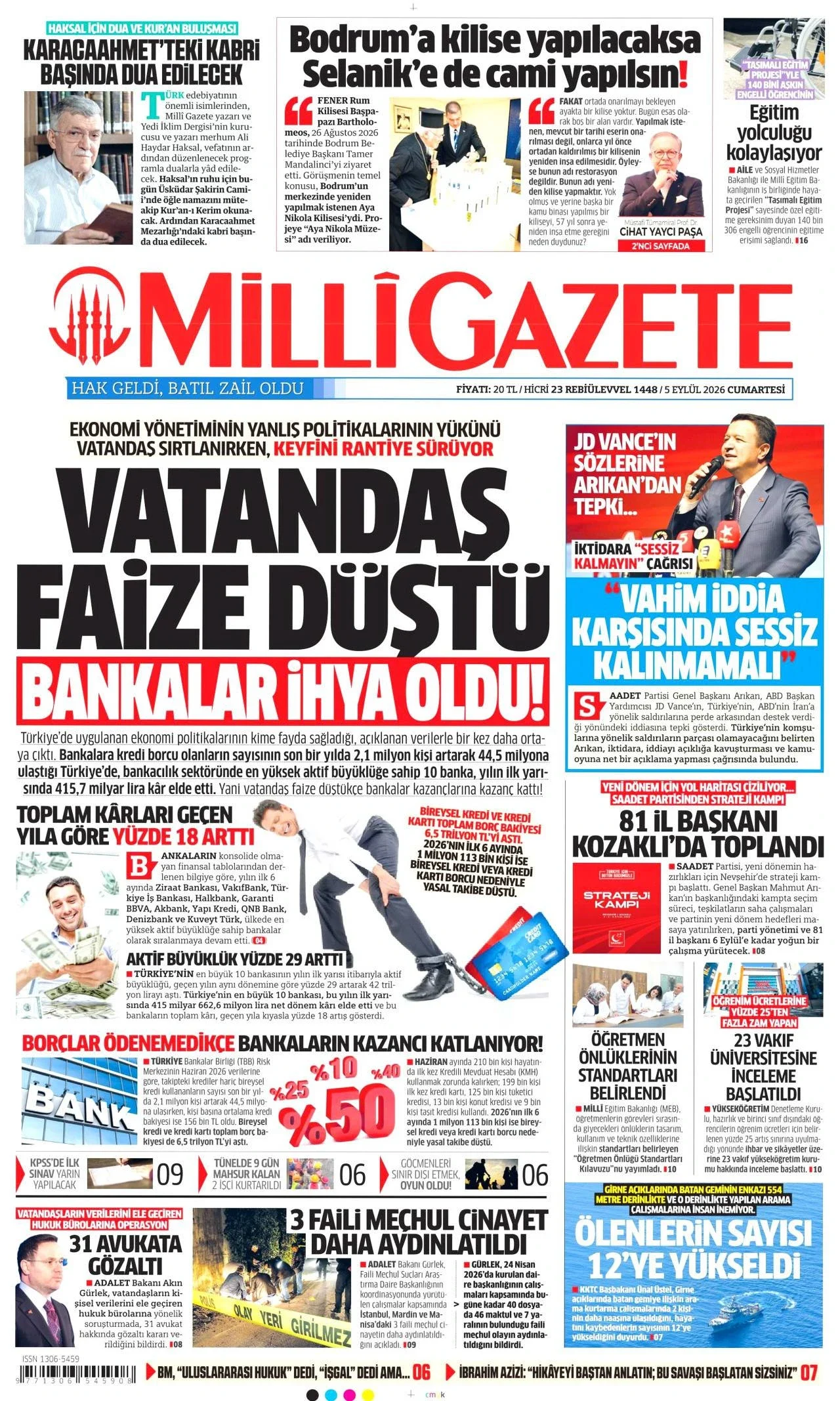 Milli Gazete - 5 Eylül 2026 günün manşeti