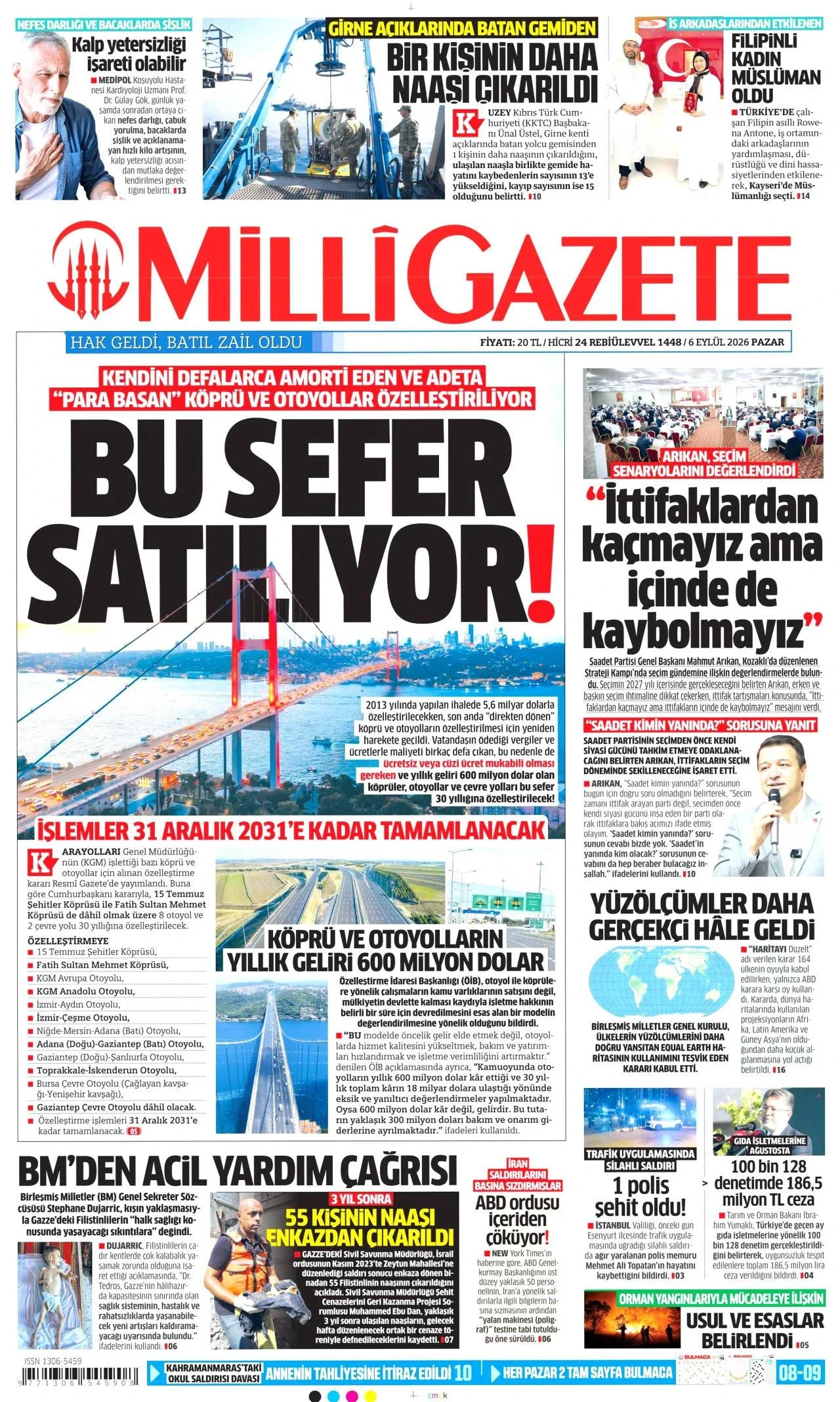 Milli Gazete - 6 Eylül 2026 günün manşeti