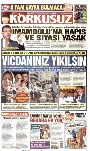 Korkusuz Gazetesi 12 Eylül 2026 günün manşeti