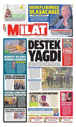Milat Gazetesi 14 Eylül 2026 günün manşeti