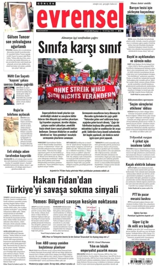 Evrensel Gazetesi 21 Eylül 2026 günün manşeti
