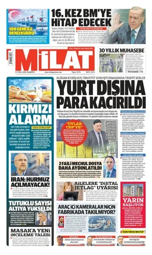 Milat Gazetesi 21 Eylül 2026 günün manşeti