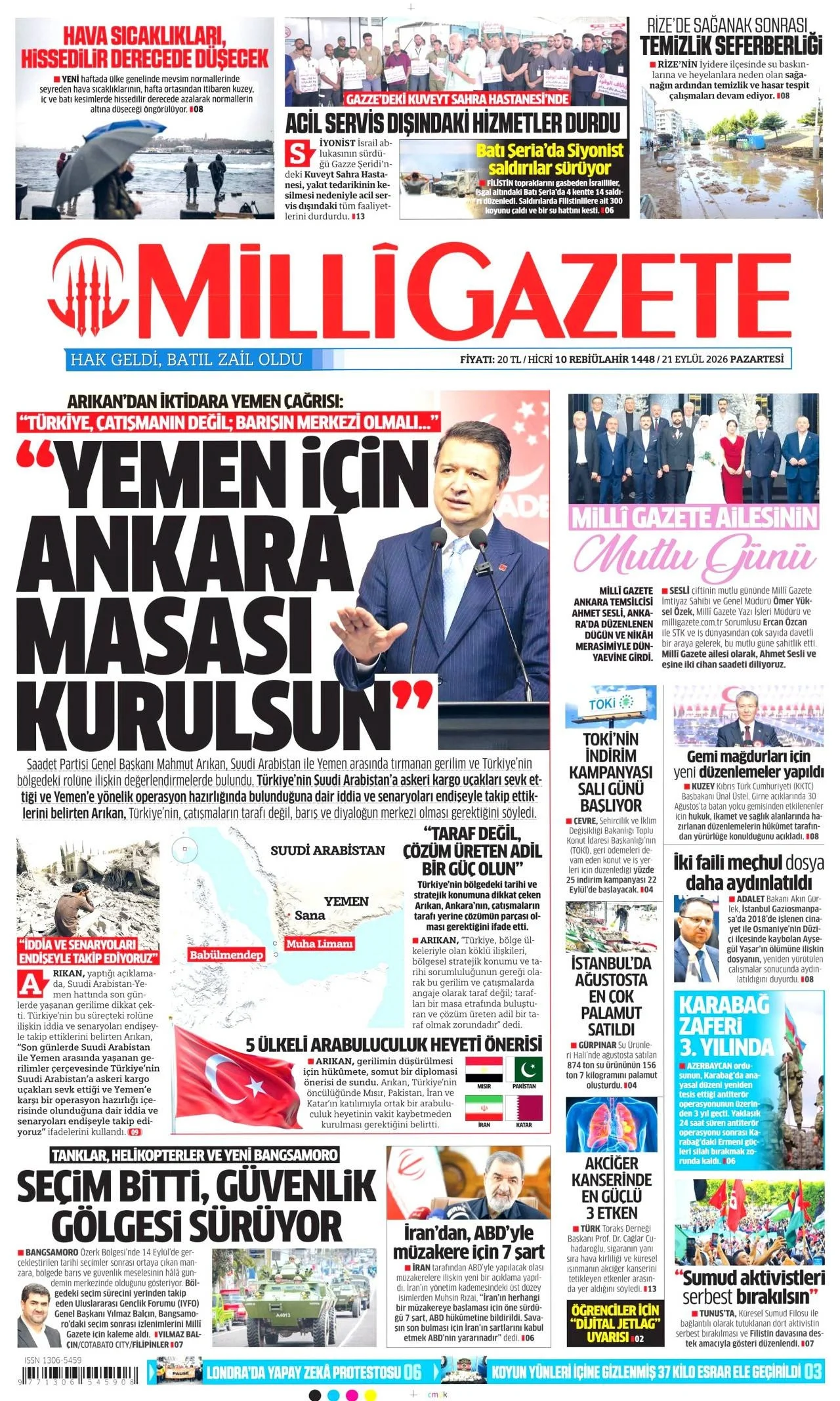 Milli Gazete - 21 Eylül 2026 günün manşeti
