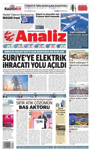 Analiz Gazetesi 23 Eylül 2026 günün manşeti