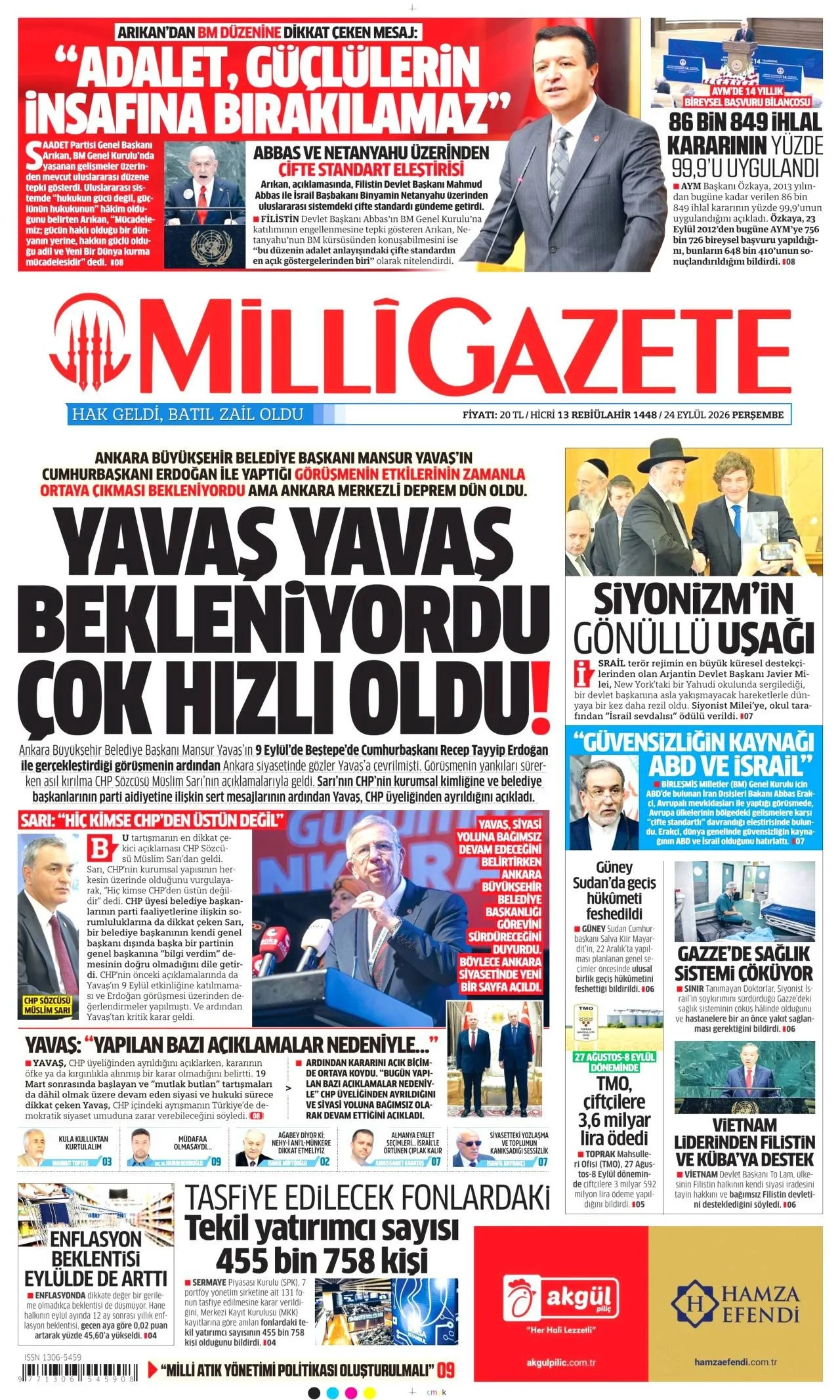 Milli Gazete - 24 Eylül 2026 günün manşeti