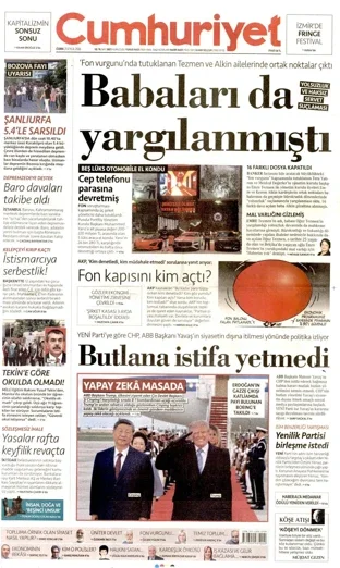Cumhuriyet Gazetesi 25 Eylül 2026 günün manşeti