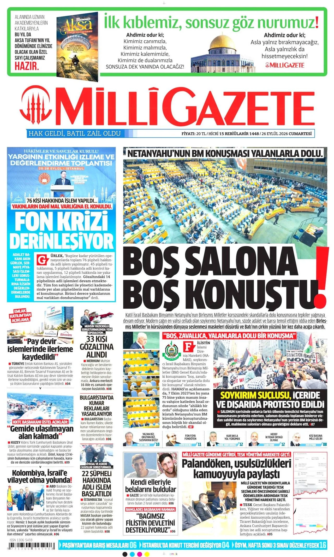 Milli Gazete - 26 Eylül 2026 günün manşeti