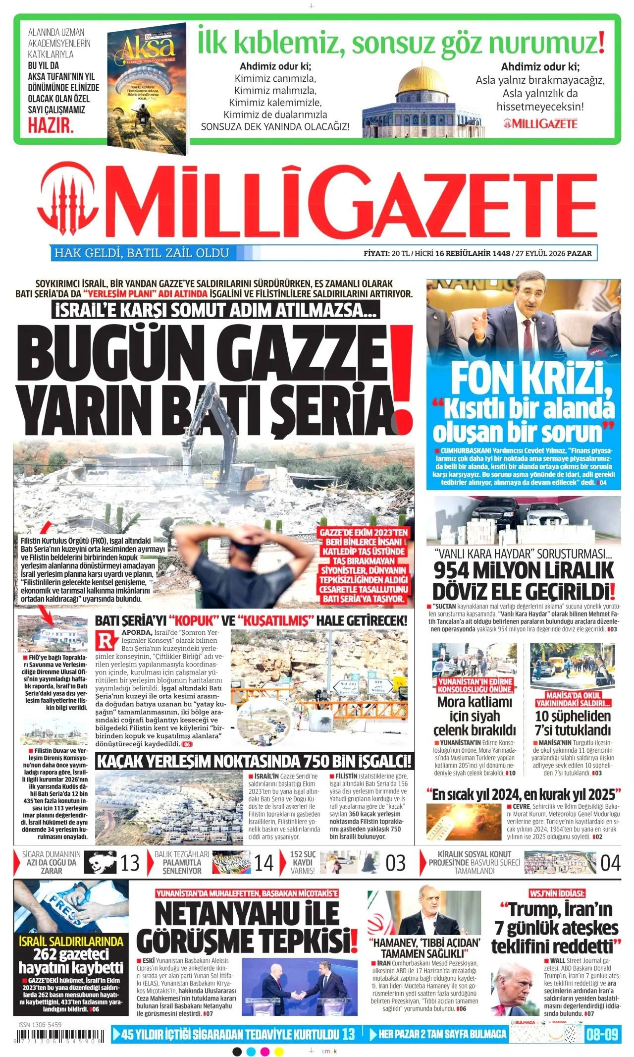 Milli Gazete - 27 Eylül 2026 günün manşeti