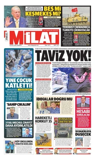 Milat Gazetesi 28 Eylül 2026 günün manşeti