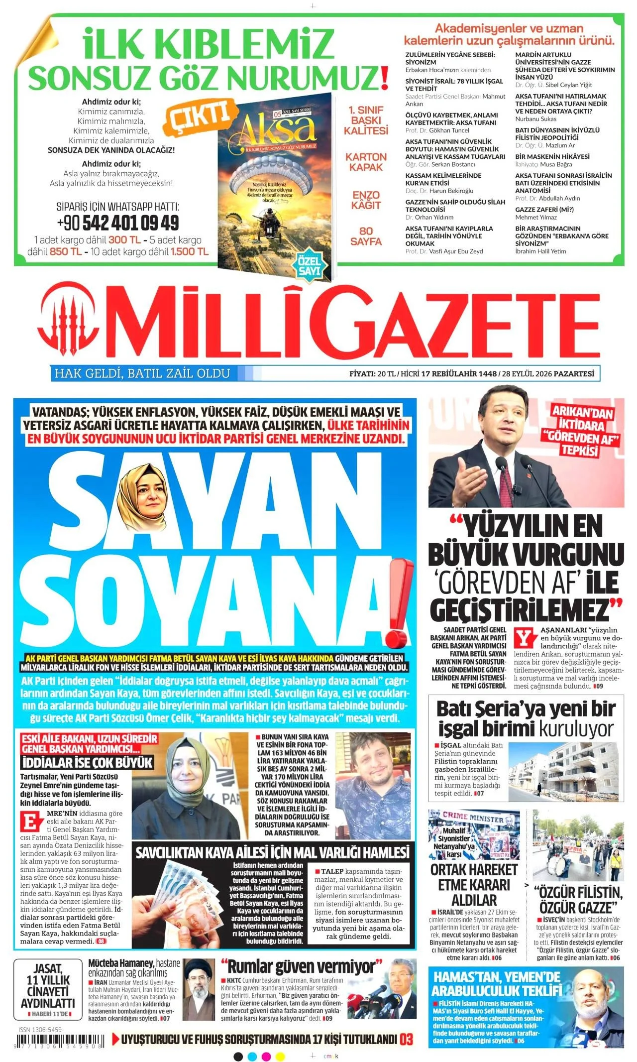 Milli Gazete - 28 Eylül 2026 günün manşeti