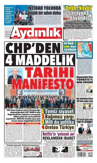 Aydınlık Gazetesi 29 Eylül 2026 günün manşeti