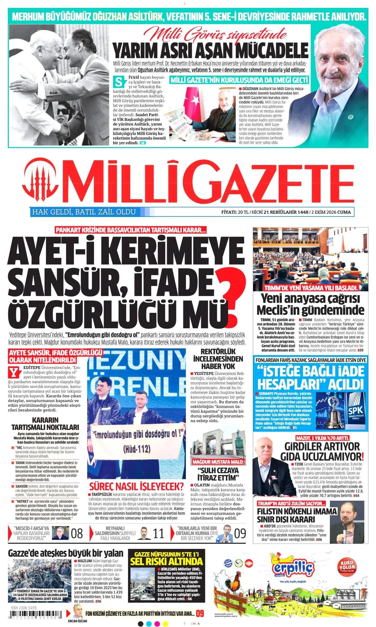 Milli Gazete - 2 Ekim 2026 günün manşeti