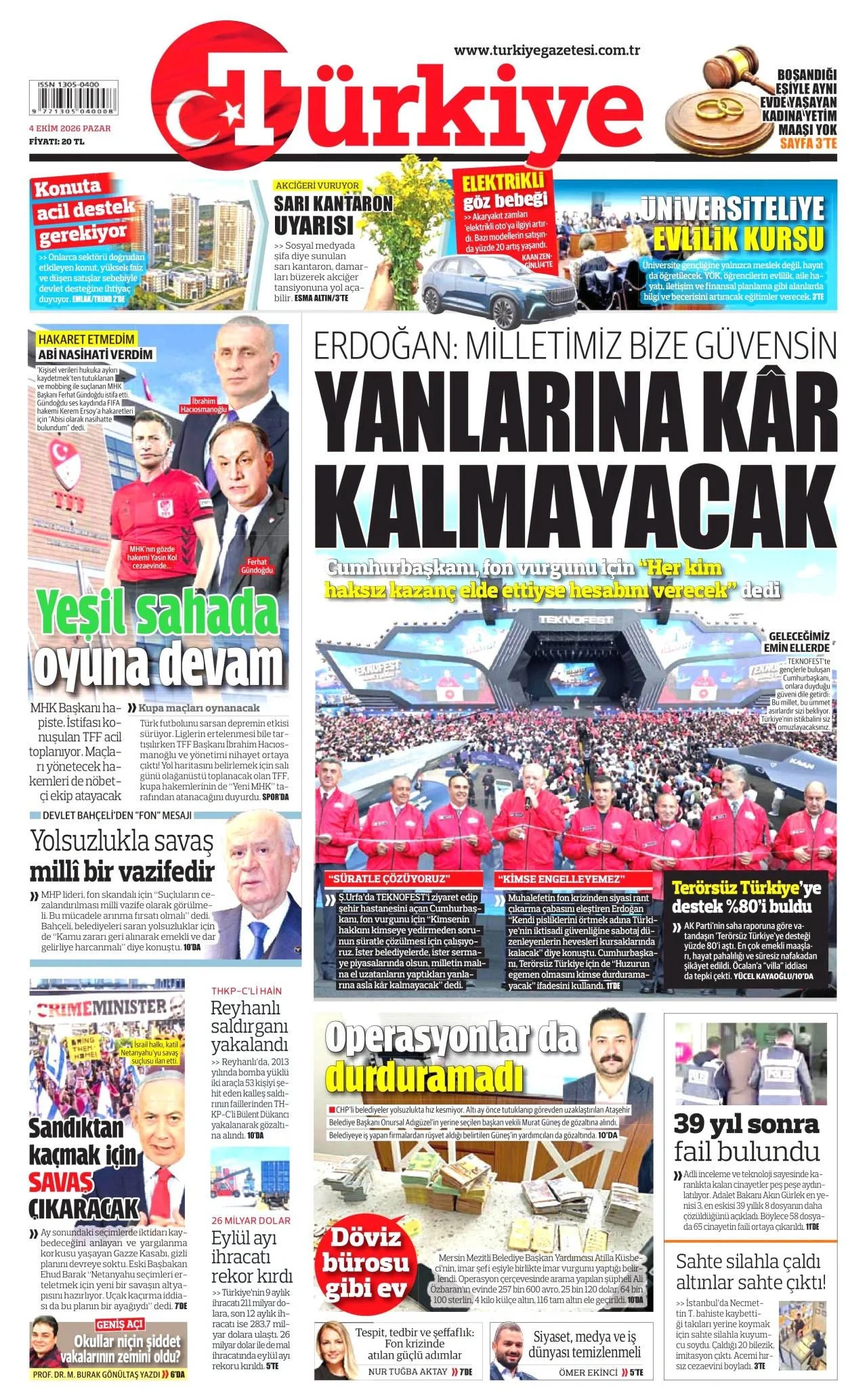 Türkiye Gazetesi birinci sayfası - 4 Ekim 2026
