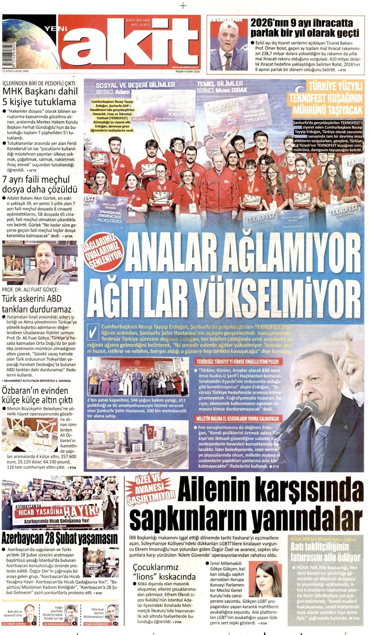 Yeni Akit Gazetesi birinci sayfası - 4 Ekim 2026