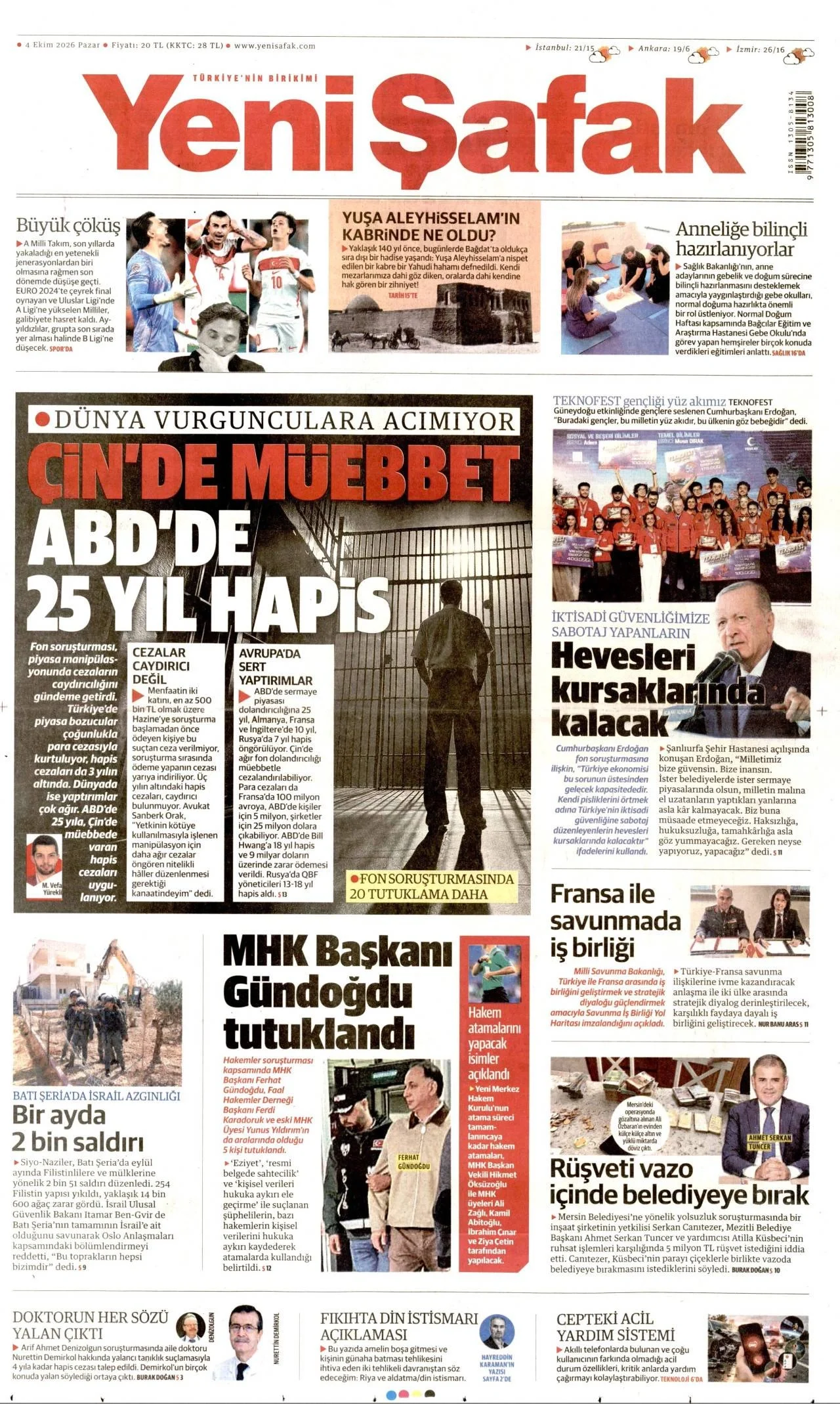 Yeni Şafak Gazetesi birinci sayfası - 4 Ekim 2026