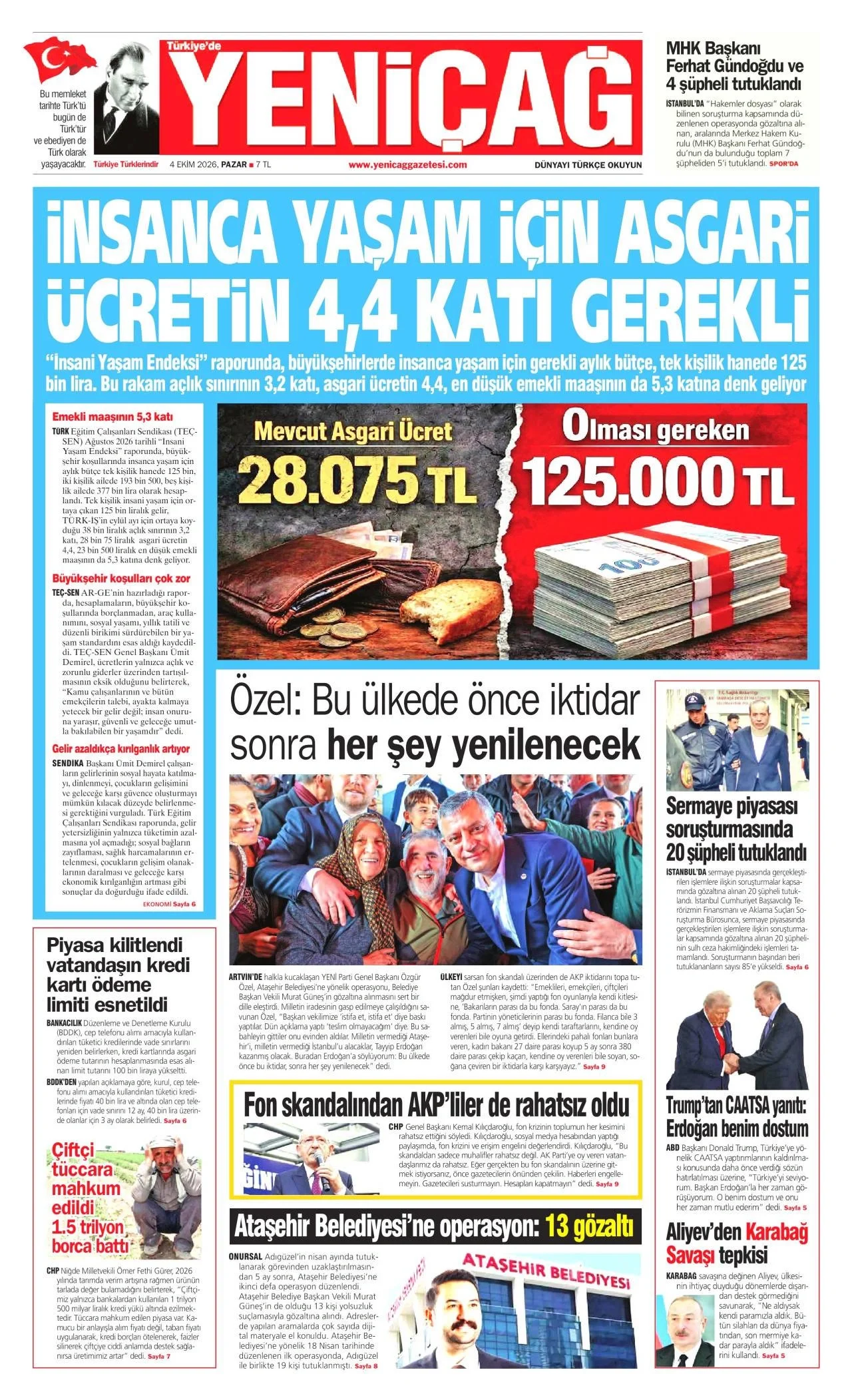 Yeniçağ Gazetesi birinci sayfası - 4 Ekim 2026