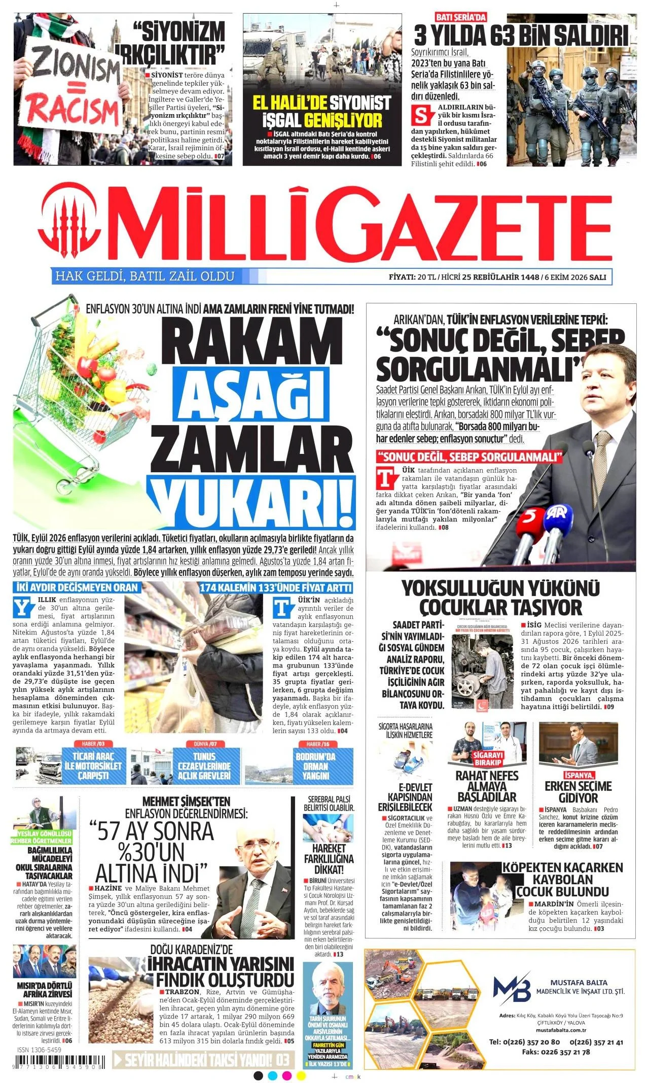 Milli Gazete - 6 Ekim 2026 günün manşeti