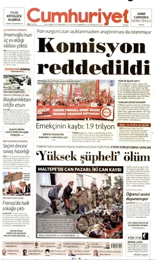 Cumhuriyet Gazetesi 9 Ekim 2026 günün manşeti