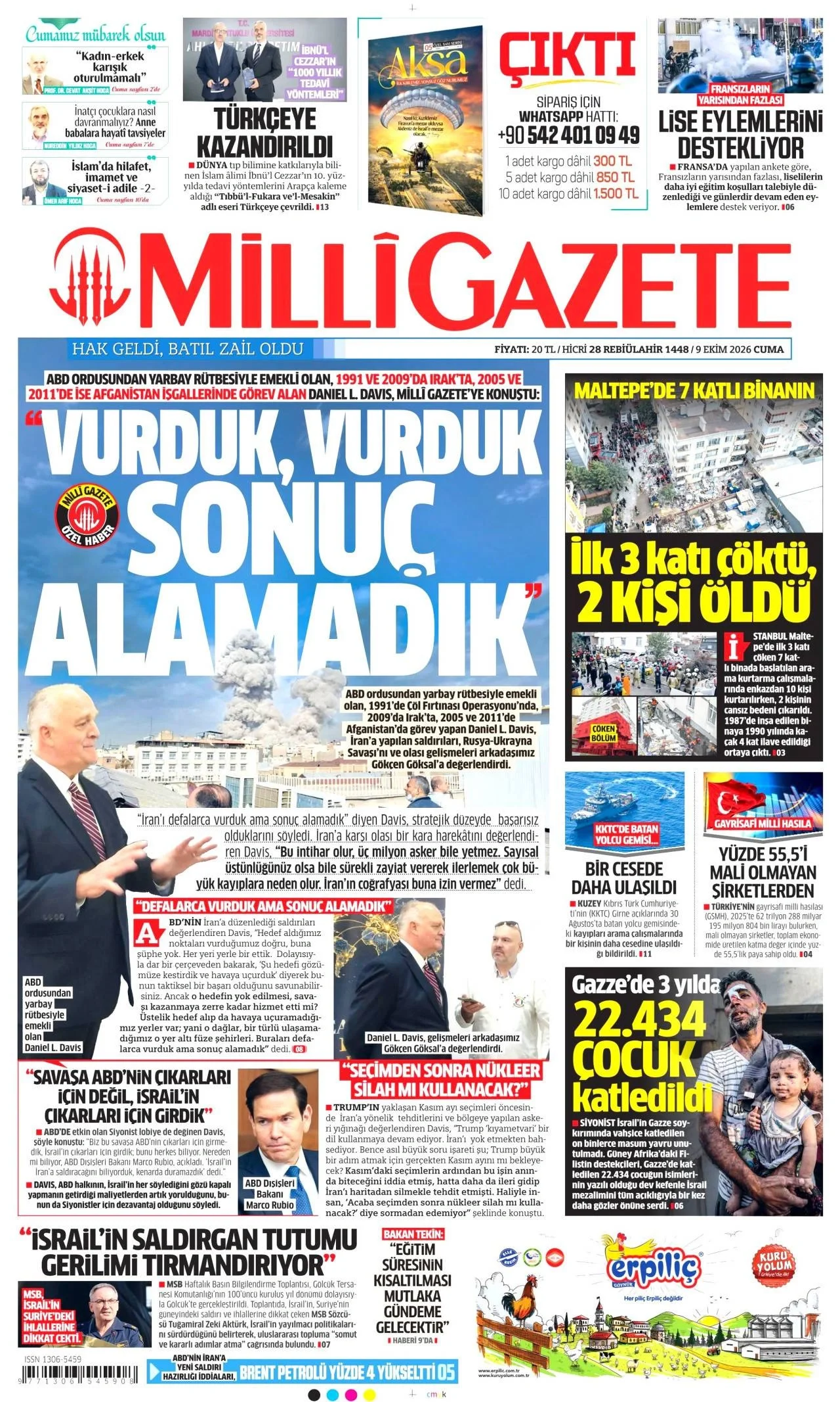 Milli Gazete - 9 Ekim 2026 günün manşeti