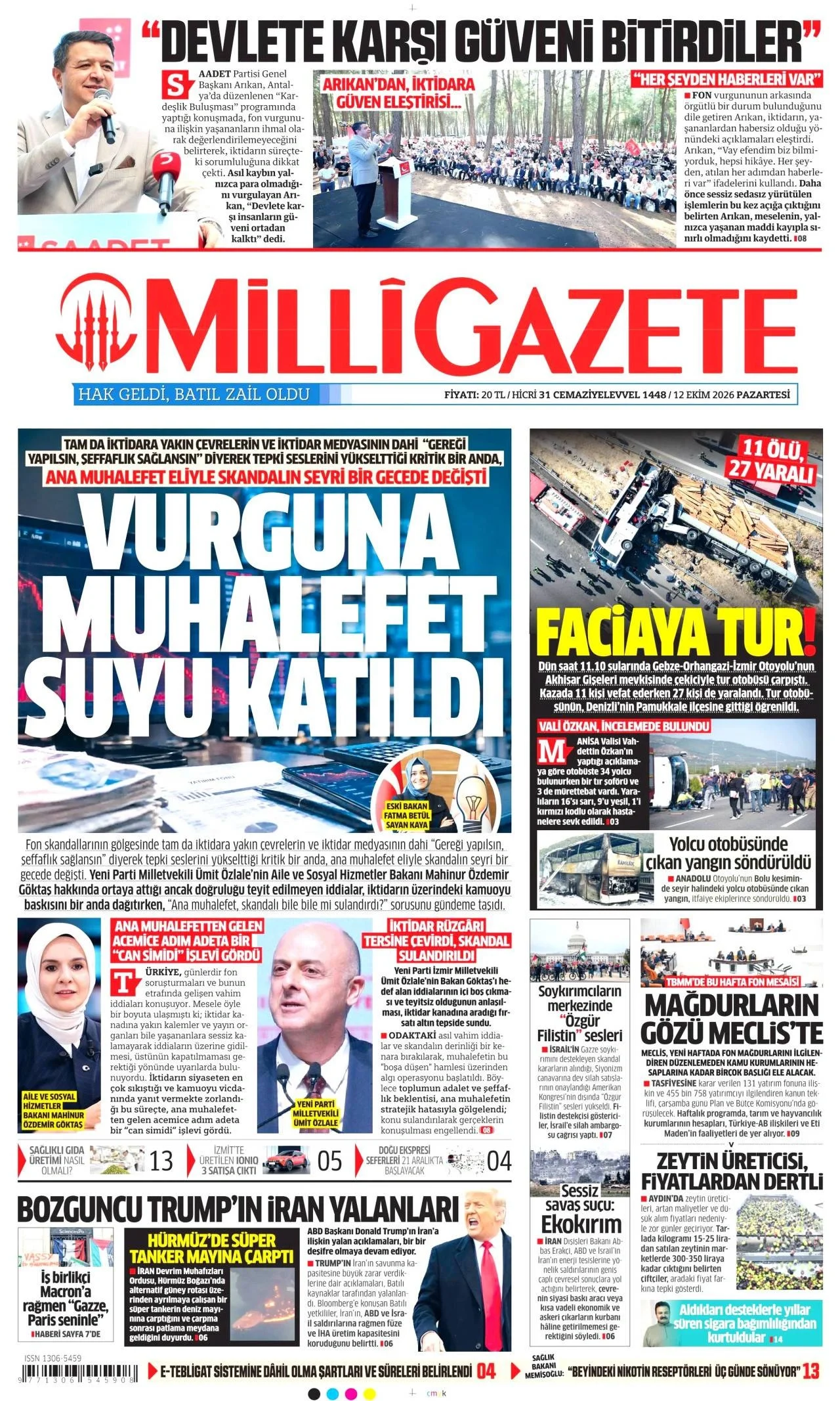 Milli Gazete - 12 Ekim 2026 günün manşeti