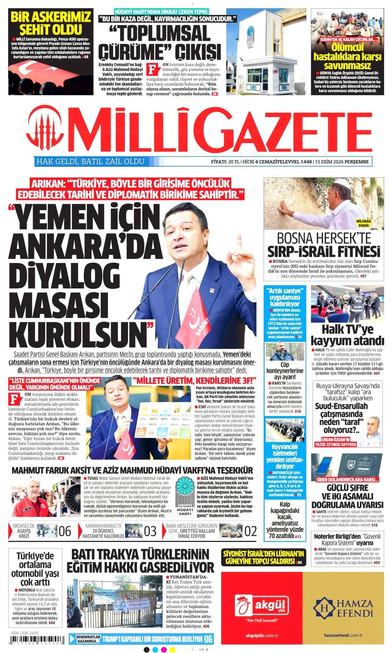 Milli Gazete - 15 Ekim 2026 günün manşeti