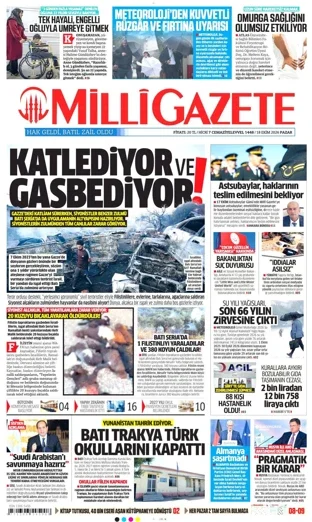 Milli Gazete 18 Ekim 2026 günün manşeti